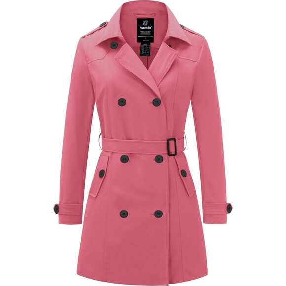 Jackets & Blazers - Women's Pink Waterproof Trench Coat with Classic Lapel and Belted Design